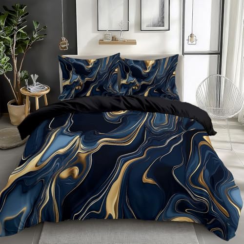 Duvet Cover Girls Boy Dark Blue And Gold Marble Bedding Set 2PCS, Soft Comfy Microfiber Reversible Black 120 x 200 cm Duvet Cover Set with 1 Pillow Cases