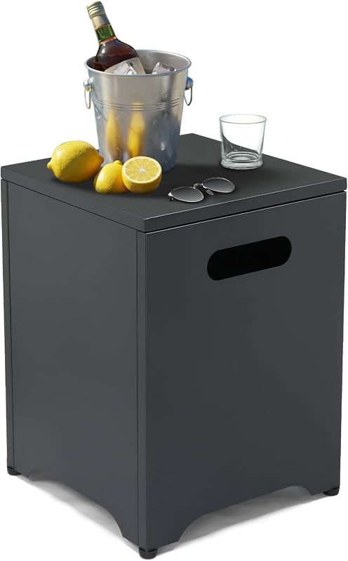 Black 16in Steel Propane Tank Storage Side Table with Carry Handle | Powder-coated multi-use storage box, ideal for patio, garden and living room indoor & outdoor