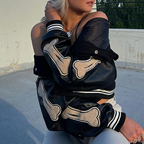 Eaktool Windbreaker Jacket Women, Winter Jackets For Women Womans Down Jacket Plaid Coat 'S Vintage Varsit Jacket Long Sleeve Oversized Coats Letter Print Baseball Jacket (L, Black) #TOP7