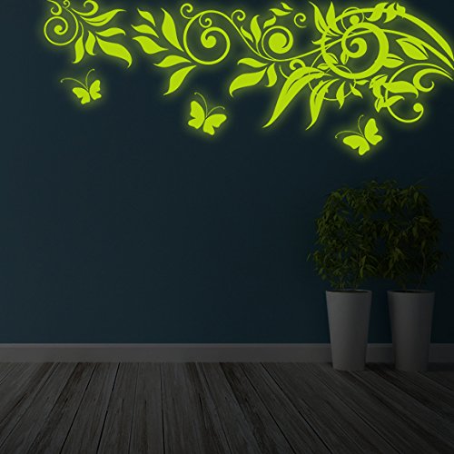 AnOL (100x38 cm) Glowing Vinyl Wall Decal Tree Branch Leafs & Butterflies/Glow in Dark Nature Forest Sticker/Luminescent Mural