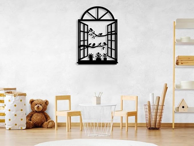 Image of KIING Decorative Window Metal Wall Art with Birds and Plants Design, Black