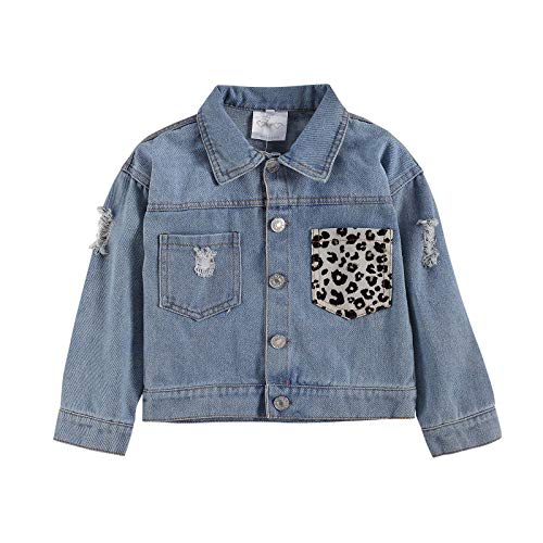 Toddler Baby Girls Jeans Jackets Button Down Ripped Hole Patchwork Denim Coat Tops Fall Winter Clothes 1-7T (A-Leopard Pocket, 5-6 Years)