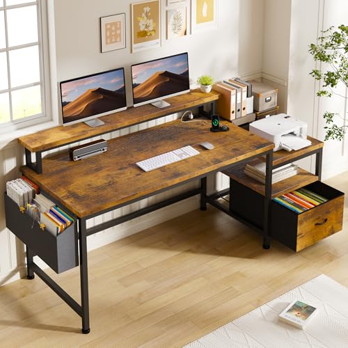 EnHomee 57' Office Desk with Drawers and Printer Space,Computer Desk with Power Outlets,Home Office Desks with File Drawers Cabinet,Study and Gaming Desk with Shelves Monitor Stand,Rustic Brown