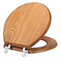 Wood Toilet Seat Round, Wooden Round American Standard Toilet Seat with Durability Metal Chrome Hinges, Natural Wood Veneer Oak Cover