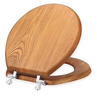 Wood Toilet Seat Round, Wooden Round American Standard Toilet Seat with Durability Metal Chrome Hinges, Natural Wood Veneer Oak Cover
