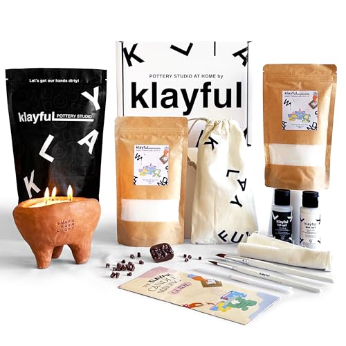 KLAYFUL - DIY-Set Kerzen & Keramik | 400g pflanzliches Perlwachs, 1,5kg Ton, Farben, Pinsel, Dochte, Stempel & Anleitung (Terrakotta-Ton + Perlwachs + Klassische Farben)