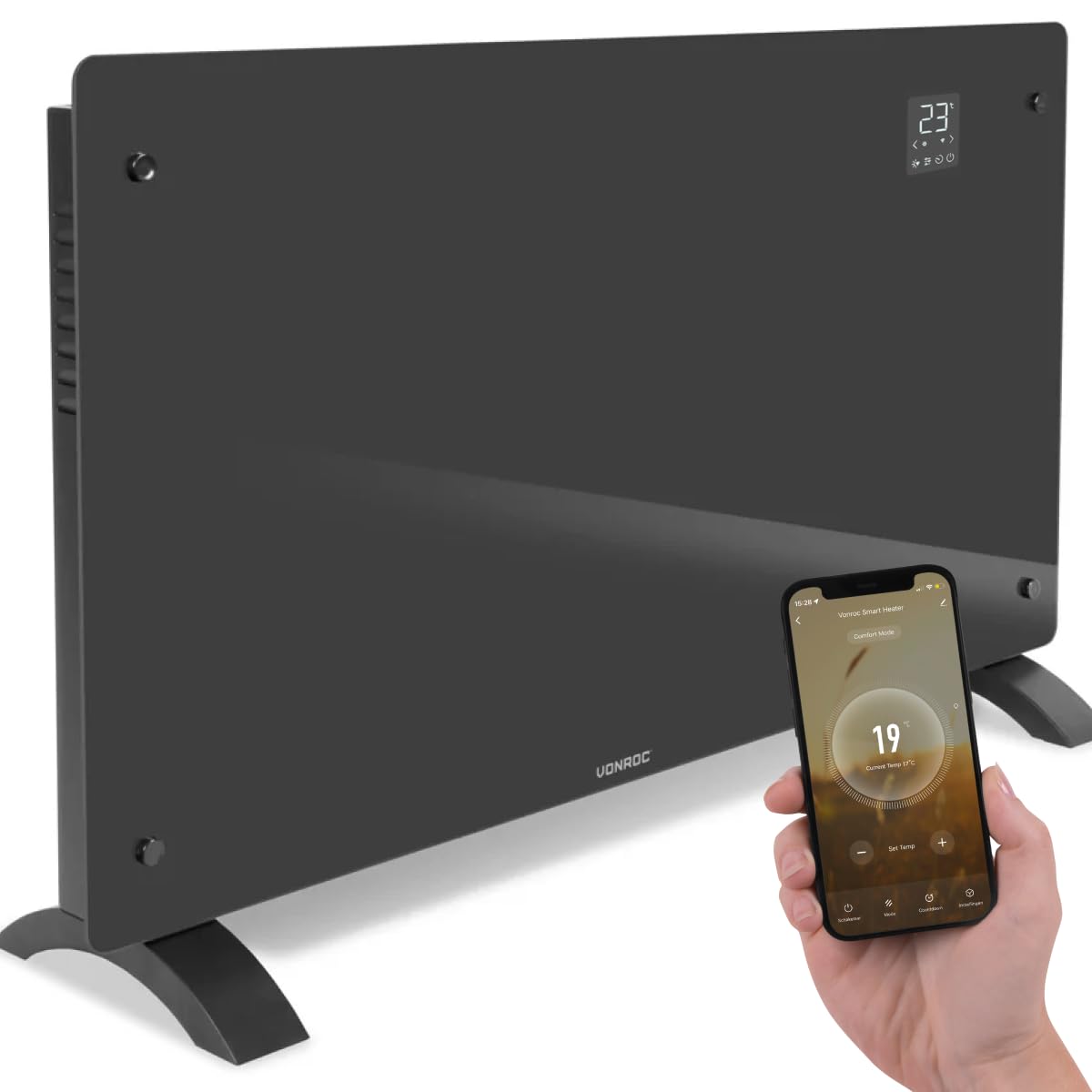 Vonroc Elektroheizung energiesparend 2500W - Konvektor Heizung [30qm Räume] | Mobile Elektrische Heizung [App/Touch Steuerung] - Heizkörper 2in1 Wand-/Bodenmontage - Grau