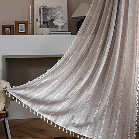 ENJOYBRIDAL Brown Curtains 84 Inch Length 2 Panels Boho Semi Sheer Drapes Coffee Embroidered Tassel Rod Pocket Hollow Out Window Curtain Panels Farmhouse Window Treatment for Bedroom Living Room Cover