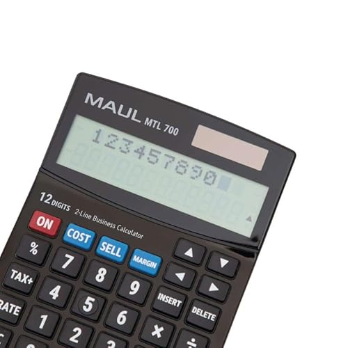 MAUL Taschenrechner MTL 700 | Kaufmännischer Tischrechner für Büro | Taschenrechner zweizeilig mit 12-Stellen Display | inkl. Steuerrechnung und Korrekturfunktion | Solar/Batterie | Schwarz