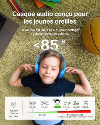 Belkin SoundForm Mini Casque Audio sans Fil pour Enfants avec Micro intégré (Circum-aural, autonomie de 30 h, pour Apprentissage, Voyages, Autocollants Amusants, pour iPhone, iPad, Galaxy) - Bleu