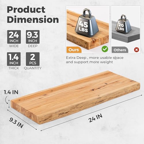 Image of RICHFOCUS Live Edge Elm Floating Shelves - 24 inch W x 9.3 inch D Rustic Solid Wood Wall Shelves with Invisible Bracket, Wall-Mounted for Living Room, Bedroom, Kitchen Storage & Display, Set of 2, Natural