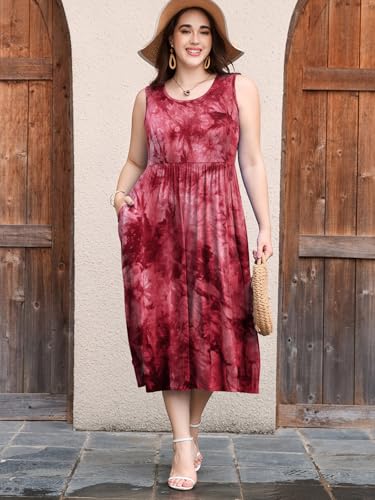 Image of LARACE Women's Plus Size Sleeveless Maxi Dress Casual Crew Neck Pleated Flowy Long Dresses with Pockets L-6XL
