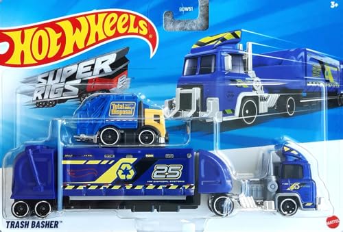 Image of Hot Wheels Trash Basher Super Rigs Transporter Vehicle with One Car 1:64 Scale, Gift for Collectors & Kids Ages 3 Years Old & Up