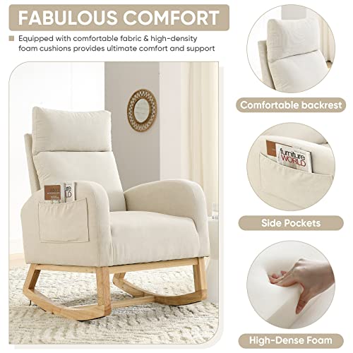 Antetek Rocking Glider Chair For Nursery, Modern Fabric Accent Rocker Upholstered Tall Back Arm W/Side Pockets, Leisure Single Sofa Living Room, Hotel, Bedroom, Office, Beige #TOP3