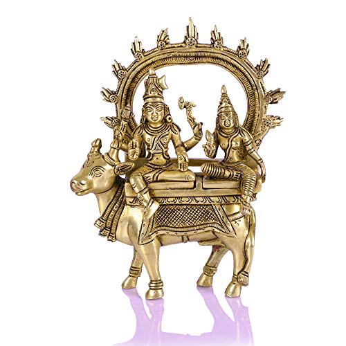 Image of Collectible India Brass Shiva Idol God Shiva Parvati Idol Sitting On Nandi Statue Diwali Decor Gifts(Size 7.5 x 5 Inches).