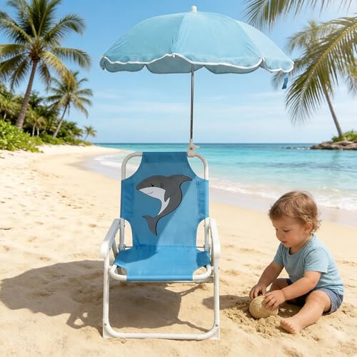 Chaises camping légères requin bleu pour enfants avec ombrelle
