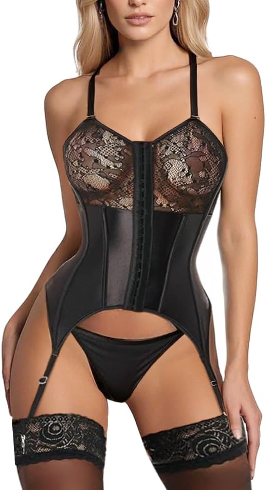 women's exotic lingerie sets Lace Lingerie with Garter Belt Adjustable size Bodysuit and Panty Black - Image 6