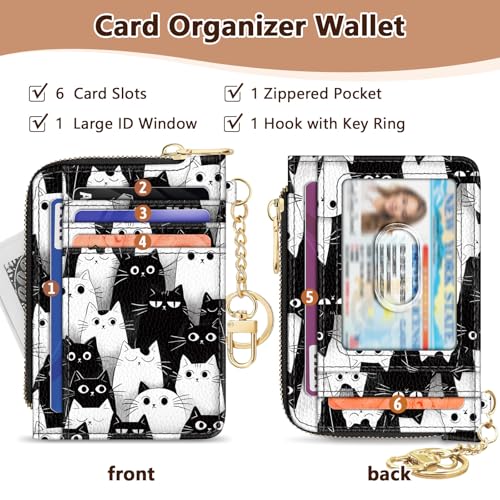 Image of GIANCOMICS Slim Wallet Credit Card Holder Women, Cats Rfid Blocking Small Card Case, Keychain Thin Pocket Curved Zipper Wallet, Travel Card Holder PU Leather ID Window, Ladies Female Gifts