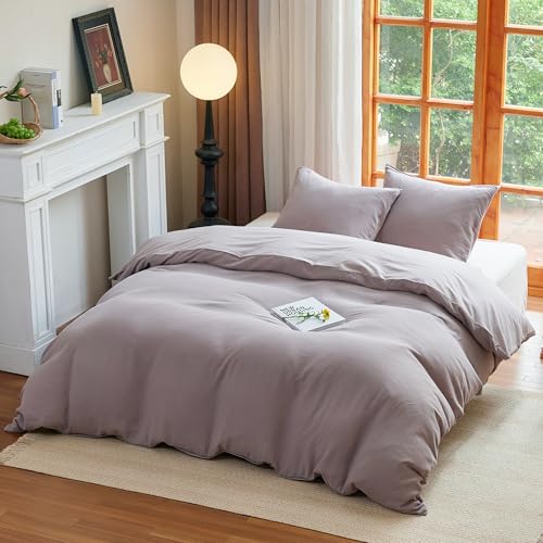 Simple&Opulence Muslin Duvet Cover Set, 100% Washed Cotton Cooling Duvet Cover for Summer, 2 Pieces Linen Like Gauze Comforter Cover with Pillow Sham, Twin, 68"x86", Grey Coffee — view 6