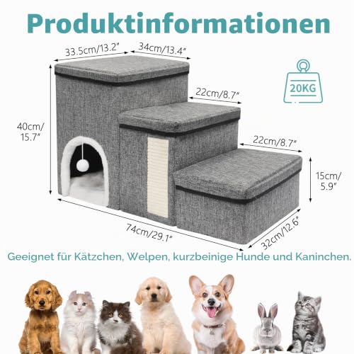 Newthinking Hundetreppe 3 Stufen mit Stauraum, bis 20kg, Kleine Hunde