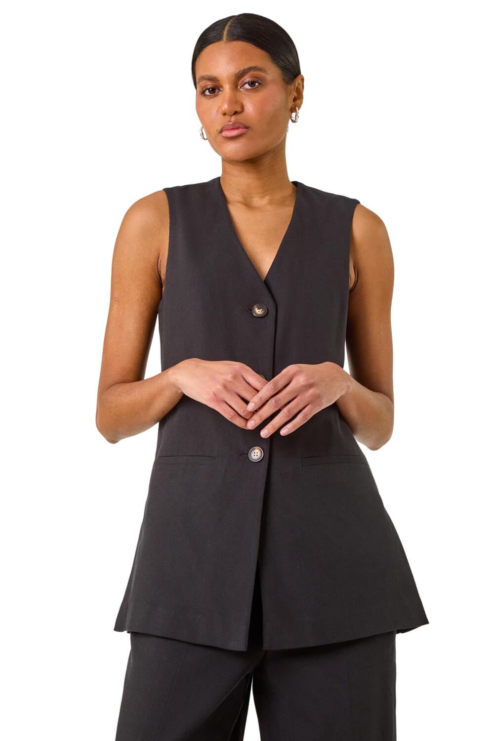 Roman Originals Women's Black Longline Button Waistcoat Jacket For Uk - Everyday Holiday Spring Summer V-Neckline Comfy Soft Evening Vacation Work Party - Size 10