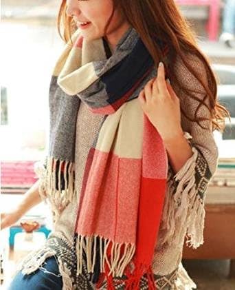 Amazon 大判 ストール マフラー ウール混 レディース 厚手 チェック柄 防寒 肩掛け 膝掛け 秋 冬 オレンジブルー マフラー 通販