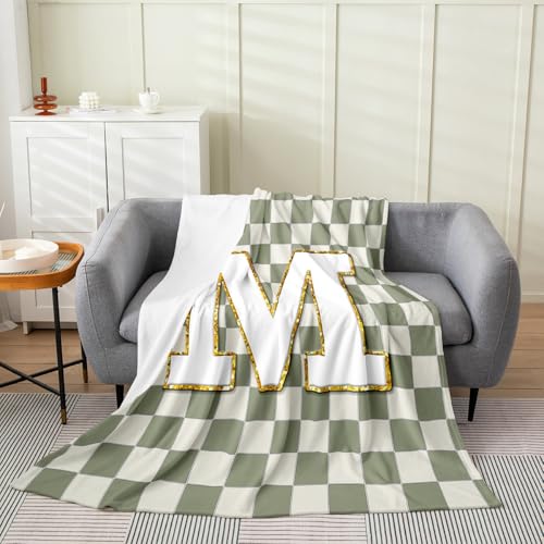 Image of Erosebridal Sage Green Checkered Flannel Blanket Plaid Initial M Fuzzy Plush Throw Personalized Monogram Fleece Blanket for Kids Boys Girls,Fashion Grids Gingham Decor for Bed Couch 40 inchx50 inch