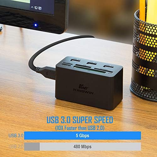 Kingwin USB HUB Adapter w/ Memory Card Reader Writer & USB 3.0 HUB Combo - Supports High Speed SD MS Micro M2 CF Card Reader For Macbook, Laptop, Desktop - Includes USB Cable 5 Gbps Speed, Black - 5