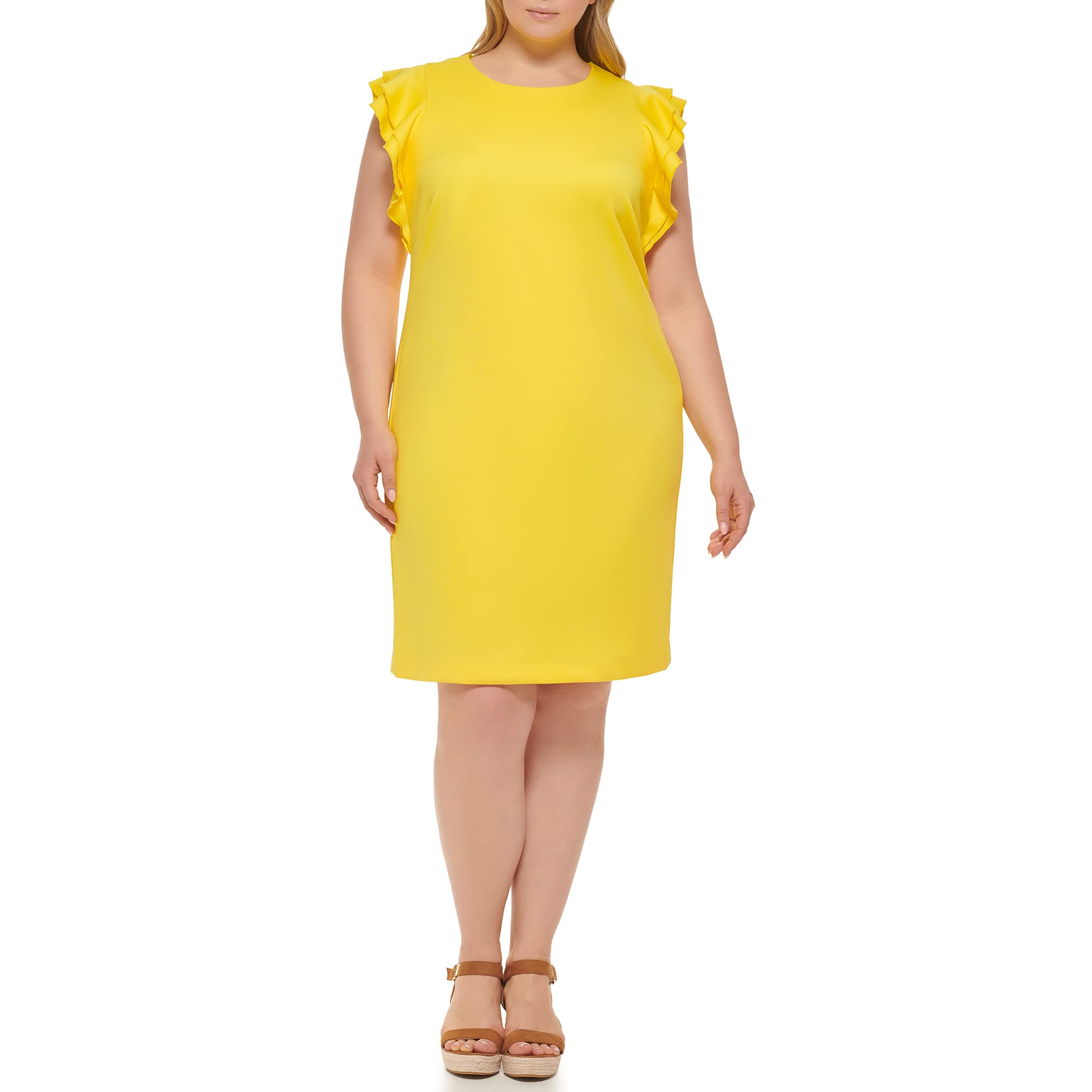 Tommy Hilfiger Women's Sleeveless Ruffle Hem Jewel Neck Crepe Sheath Mini Dress