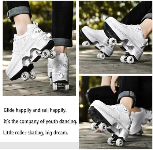 Image of Automatic Shoes Double-Row Deform Wheel Skate for Walking and Skating Invisible Deformation Roller Parkour Retractable Children's Shoes That Turn Into Rollerskates (40, White)