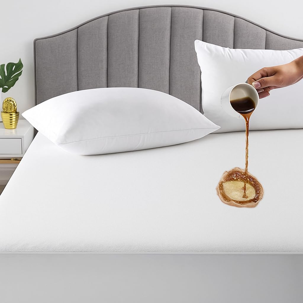 KRISHNA Queen Waterproof Mattress Protector, Cotton Terry Fitted Mattress Cover, Soft Breathable Noiseless Bed Protector, Up to 15" Deep Pocket Stretch Skirt, White