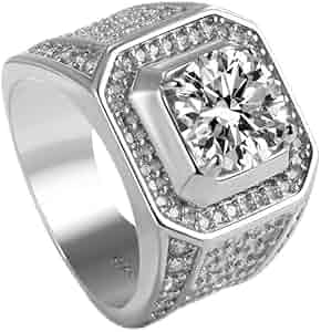 Square College Ring 【Casual】（Silver） Classic Mens Square Cubic Zirconia Inlaid Rings Sparkling Fashion