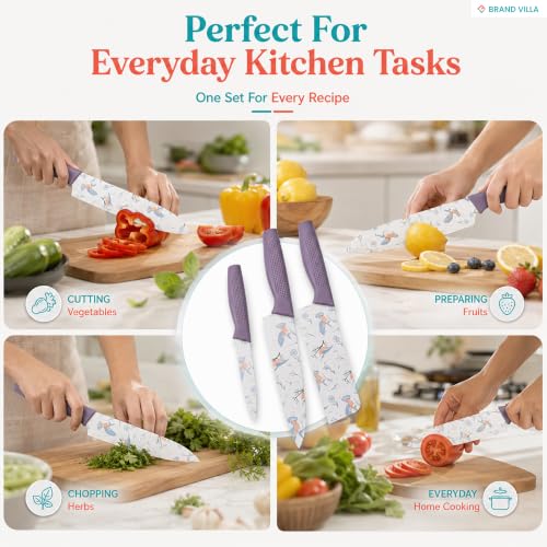 Image of BRAND VILLA Kitchen Knife Set of 3, Ultra Sharp Stainless Steel Chef Knife, Utility Knife & Paring Knife, Non-Stick Coated Blades, Ergonomic Anti-Slip Handle for Fruits, Vegetables & Meat (Purple)