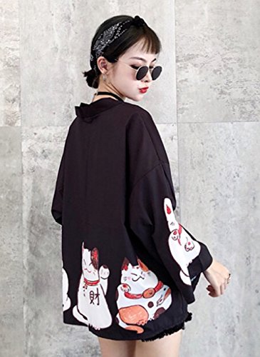 LAI MENG FIVE CATS Women's Lucky Cat Cardigan Kimono Loose Cover up Casual Blouse Cute Tops2