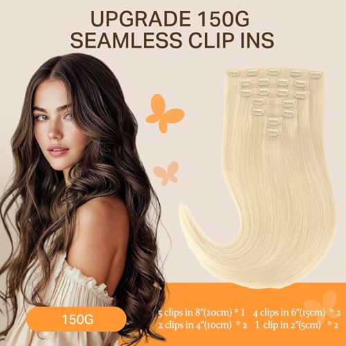 Image of DOORES Real Human Hair Extensions, Bleach Blonde 130g 9pcs 14 Inch Seamless Clip-ins, Remy Invisi Edge Thick Straight Hair