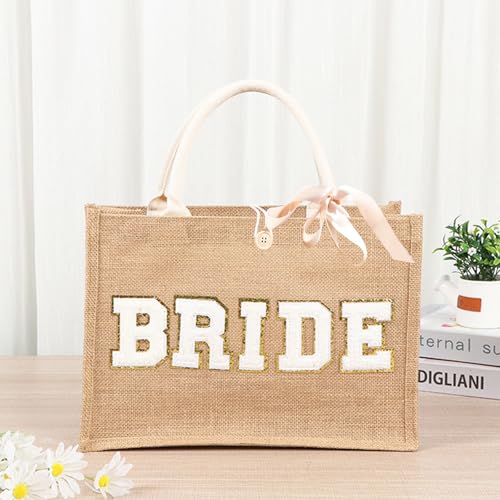 Image of Bride Tote Bag Bachelorette Party Bride to be Gift Bag Jute Boho Wedding Bridal Shower Bride Beach Bag