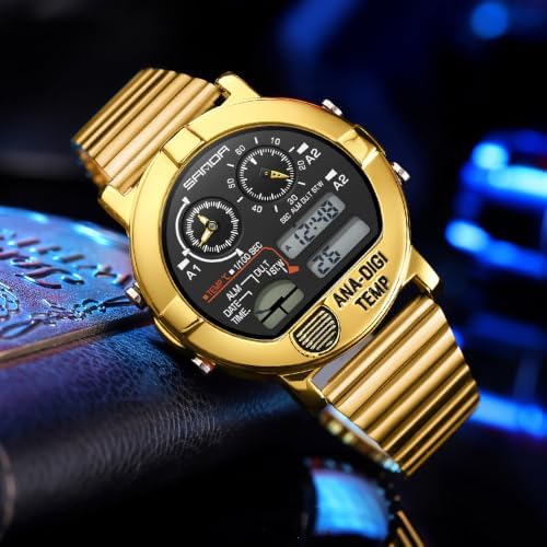 Gosasa Men's Analog Digital Watch Temperature Display Stainless Steel Band (Gold Black) - 2