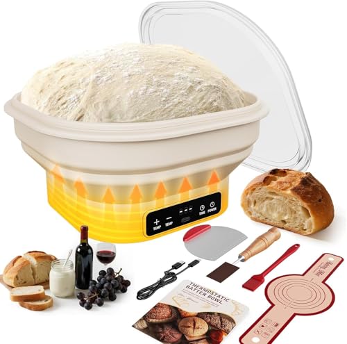 Upgrade Heating Sourdough Bread Proofing Basket Kit, Electric Thermostatic Silicone Banneton Baking Supplies, 6 Adjustable Temperature, 10 Inch Square Foldable Sourdough Proofing Bowl