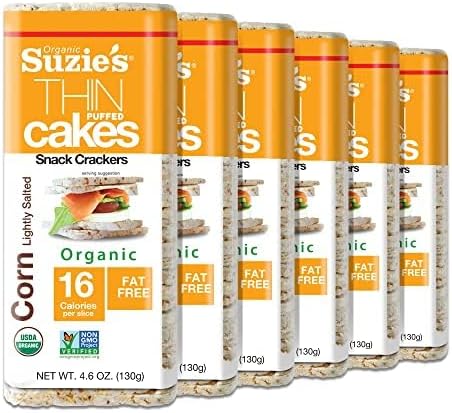 Suzie's Organic Lightly Salted Corn Cake Thins|6 Pack|USDA Organic, NON-GMO, Fat-Free, Sugar-Free, Gluten-Free|Low-Calorie Snack-17 Calories Per Slice|Bread & Cracker Replacement