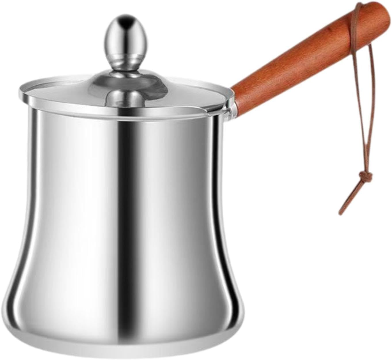 Stainless Steel Turkish Coffee Pot Sauce Pan Multipurpose Heat Resistant Wooden Handle Sturdy for Stove Top with Lid, 720ml