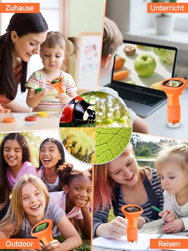Acoath Mikroskop für Kinder, Digitales Taschenmikroskop mit 2,0 IPS-Bildschirm Lupe 200x Vergrößerung, 8 LED Lights Handy Kindermikroskop für Garten Spielzeug - Orange