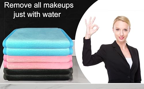 Makeup Remover Towel (6 Pack), Reusable Microfiber Makeup Remover Cloth Removing All Makeup With Just Water 12" X 6" - Pink/Blue/Black #TOP1