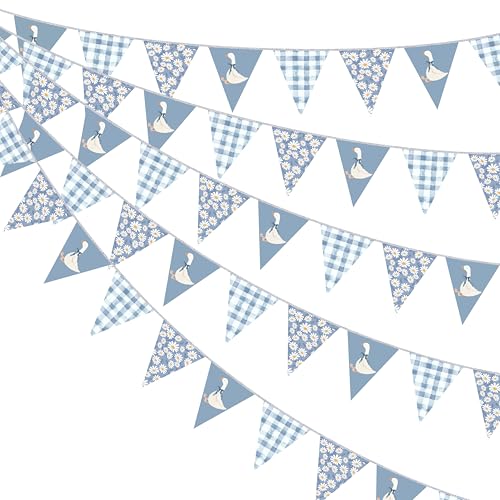 Image of 30 Ft Silly Goose Party Decorations Dusty Blue Buffalo Plaid Floral Daisy Pennant Banner Flag Hanging Paper Triangle Bunting for Silly Goose Birthday Wedding Shower Party Decorations Supplies
