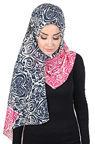 Aisha's Design Chiffon Hijab Scarf for Women Muslim, Presewn Instant Turban Shawl, Navy Blue - Fuchsia2