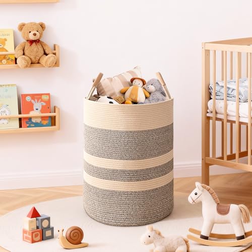 Image of Large Laundry Basket, Laundry Hamper with Leather Handles, 90L Woven Dirty Clothes Hamper, Rope Hampers for Bedroom, Barthroom, Dark Brown