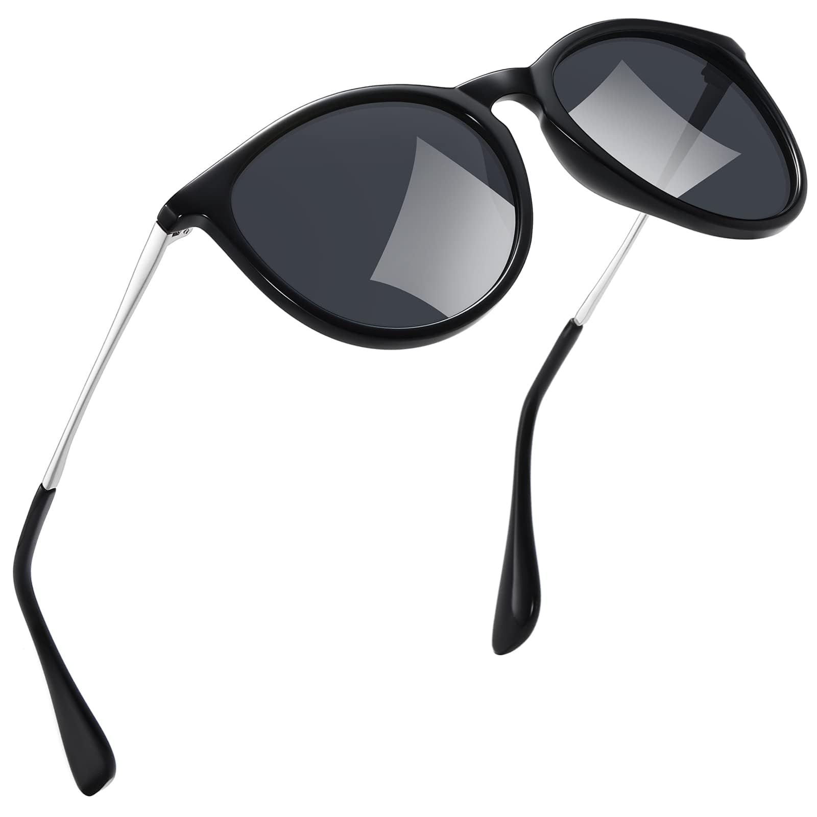 kunchu Sonnenbrille-Damen-Polarisierte-Sonnenbrille-Rund-UV400-im-Retro-Sonnenbrille-für-Damen & Herren Schutz Vintage Schwarzer Rahmen grauer Chip