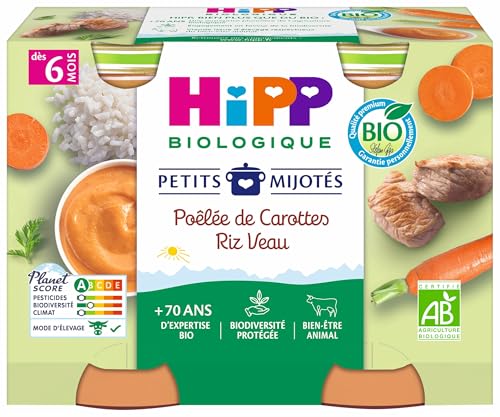 HiPP - Petits Mijotés - Poelée de Carottes Riz Veau - Pots 2 x 190 g - BIOLOGIQUE