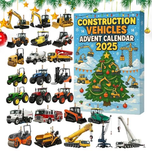 Construction Vehicles Advent Calendar 2025, 24 Days Christmas Countdown Calendar with 2D Acrylic Truck Excavator Tractor, 24pcs Funny Hanging Ornaments for Xmas Tree Decorations, Kids & Vehicle Lovers (Color #1)