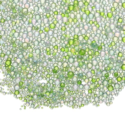 CoCud Iridescent Glass Tiny Bubble Beads, 0.4-3mm 10g No Hole Micro Mini Round Green Water Droplets Beads - Applications: for Resin Filler, Nail Art, Dollhouse Bath Tub
