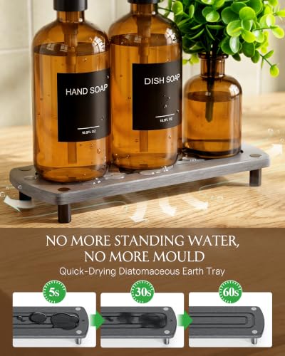 Image of Cisily Modern Soap Dispenser Set with Plants, Amber Glass Soap Dispensers with Pump, Decorative Hand and Dish Soap Dispenser Set, Soap and Lotion Dispenser Upgrade for Kitchen and Bathroom Decor